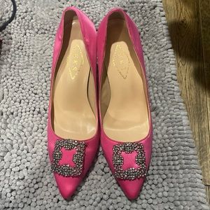 Pink satin faux Manolo Blahnik pumps